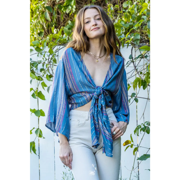 En Creme: Tie Front Striped Top (Small) - Picture 3 of 5